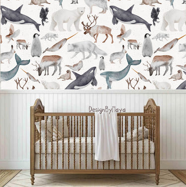 Arctic Animals Wallpaper for nursery wall decor, featuring cute animal designs perfect for baby rooms.