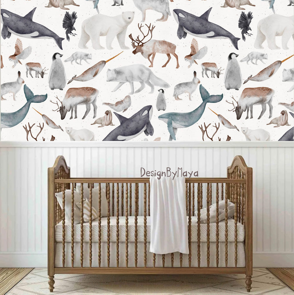 Arctic Animal Friends fabric nursery wall art decals for a charming baby room decor.