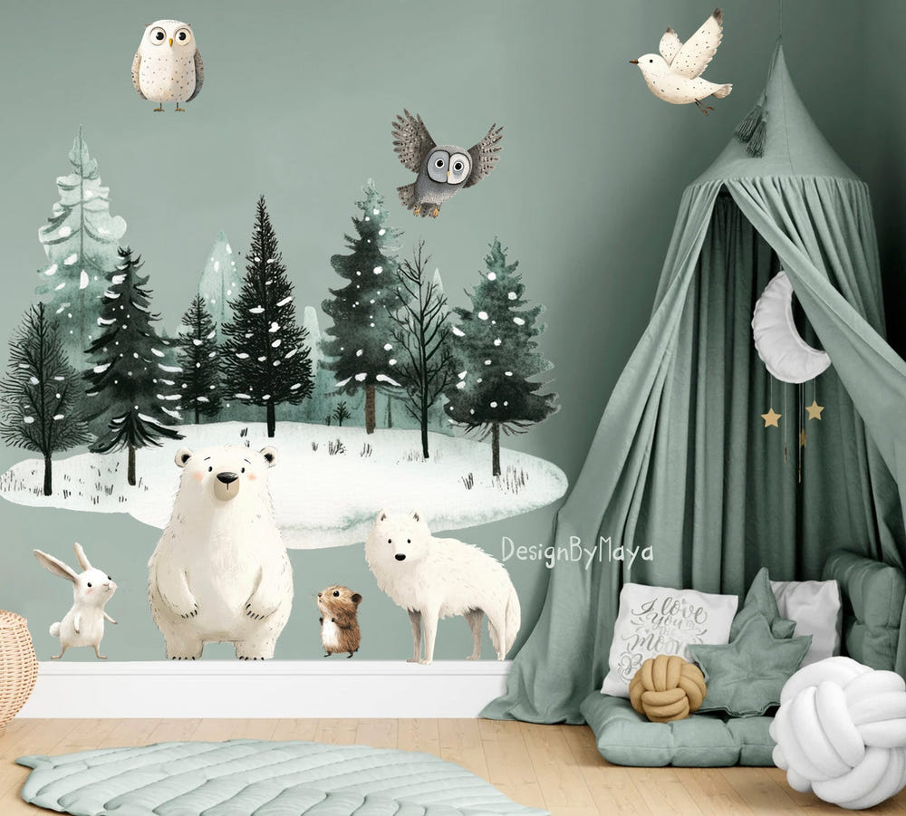 Arctic Animal Friends fabric nursery wall art decals for kids' rooms, featuring cute animal designs.
