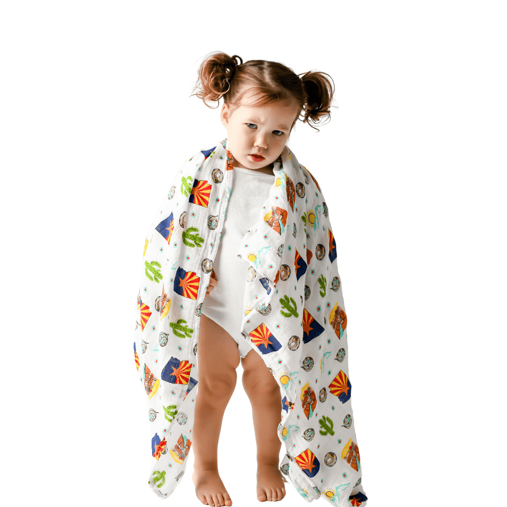 Arizona Baby Muslin Swaddle Blanket and Burp Cloth/Bib Combo Gift Set for infants, soft and stylish baby essentials.