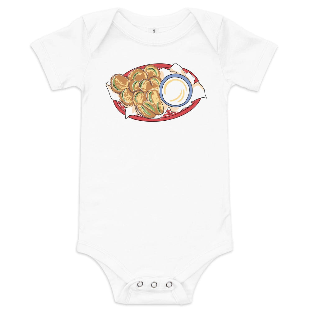 "Arkansas Fried Pickle Baby Onesie - Cute short sleeve bodysuit for infants, perfect for playful and quirky style."