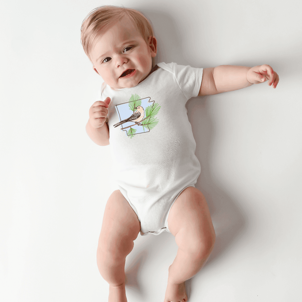"Arkansas Pine baby onesie, short sleeve bodysuit, perfect for stylish infants."