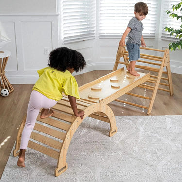 Hazel Pikler Triangle, Slide & Rocker Set for indoor play, promoting active and creative development for babies.