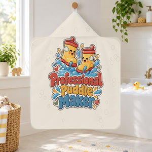Professional Puddle Maker kids hooded bath towel hanging in a kids bathroom