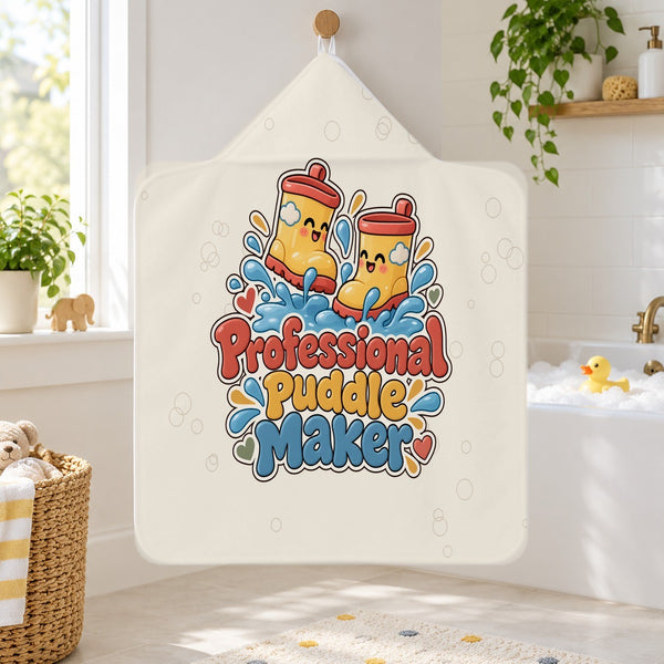 Professional Puddle Maker kids hooded bath towel hanging in a kids bathroom
