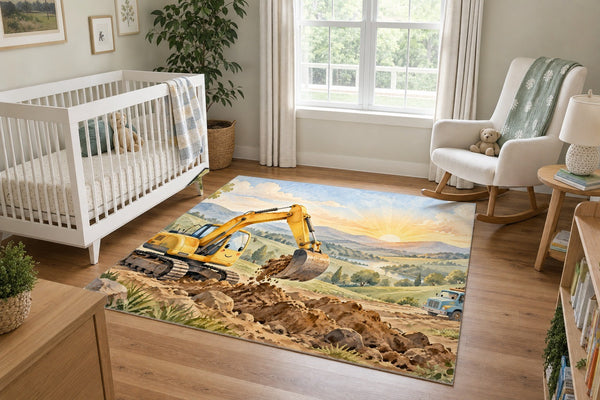 Sunrise Excavator area rug in a calm nursery with a white crib