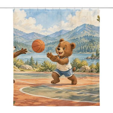 Animal Basketball Team shower curtain, full front view of the 71 x 74 in fabric curtain