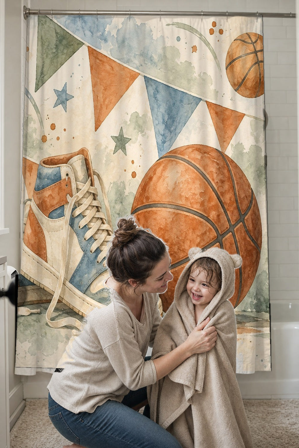 Vintage Basketball Gear shower curtain, full front view of the 71 x 74 in fabric curtain