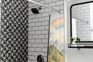Golden Valley Rainbow shower curtain in a modern farmhouse bathroom with subway tile