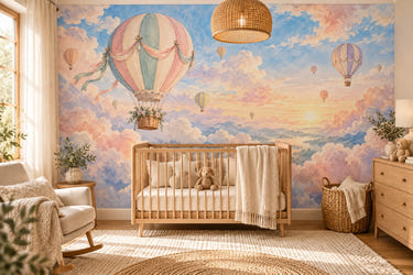 Watercolor Dreamy Clouds Hot Air Balloon Wall Mural, image 1