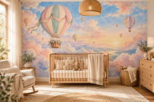 Watercolor Dreamy Clouds Hot Air Balloon Wall Mural, image 1