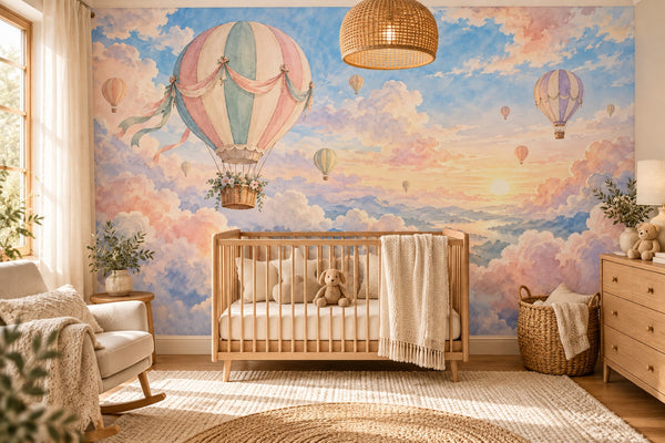 Watercolor Dreamy Clouds Hot Air Balloon Wall Mural, image 1