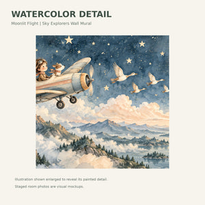 Watercolor Moonlit Flight Wall Mural, image 4