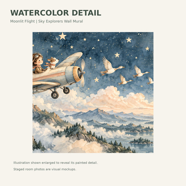 Watercolor Moonlit Flight Wall Mural, image 4