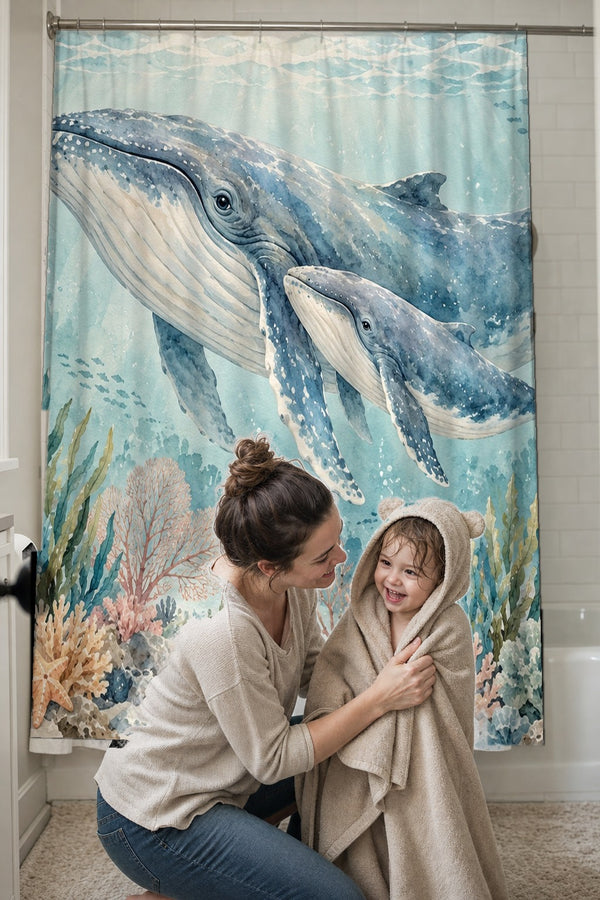 Mom drying her toddler in a hooded towel in front of the Whale Family Ocean shower curtain