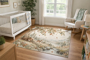Sleeping Bear Oak area rug in a calm nursery with a white crib