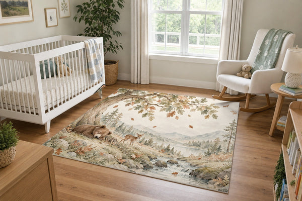Sleeping Bear Oak area rug in a calm nursery with a white crib