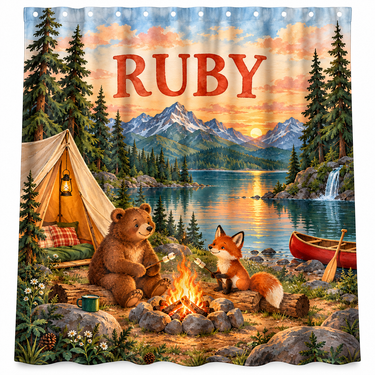 Personalized camping bear and fox kids shower curtain with the name Ruby
