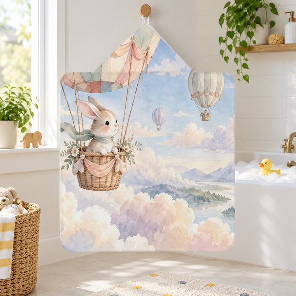 Bunny Hot Air Balloon kids hooded bath towel hanging in a kids bathroom
