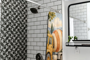 Cement Mixer shower curtain in a modern farmhouse bathroom with subway tile