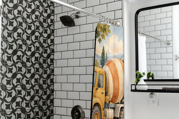 Cement Mixer shower curtain in a modern farmhouse bathroom with subway tile