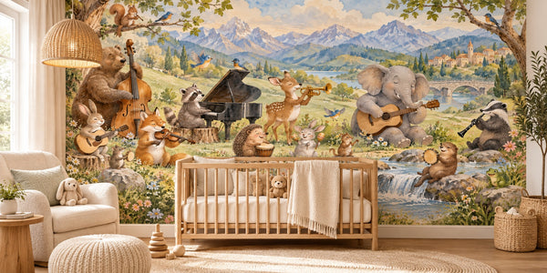 Watercolor Animal Music Festival Wall Mural, image 1