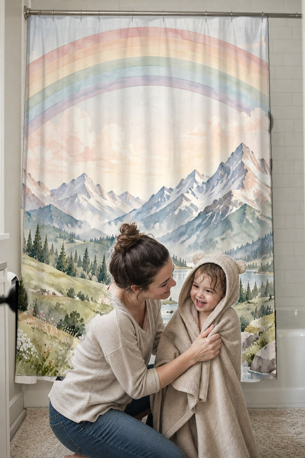 Mom drying her toddler in a hooded towel in front of the Mountain River Rainbow shower curtain