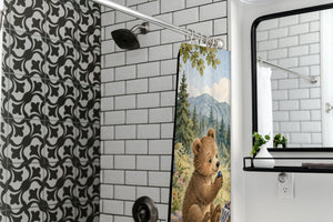 Meadow Picnic Camping shower curtain in a modern farmhouse bathroom with subway tile