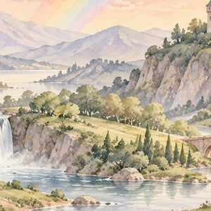 Rainbow Castle Fairy Tale shower curtain, close up of the watercolor artwork