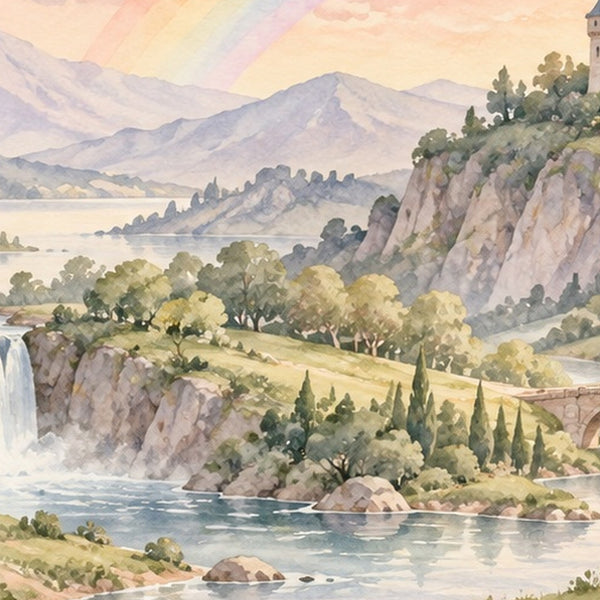 Rainbow Castle Fairy Tale shower curtain, close up of the watercolor artwork