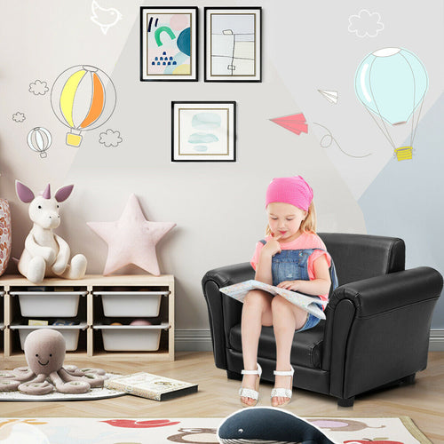 Black kids single armrest couch sofa with ottoman, perfect for playrooms and cozy spaces.