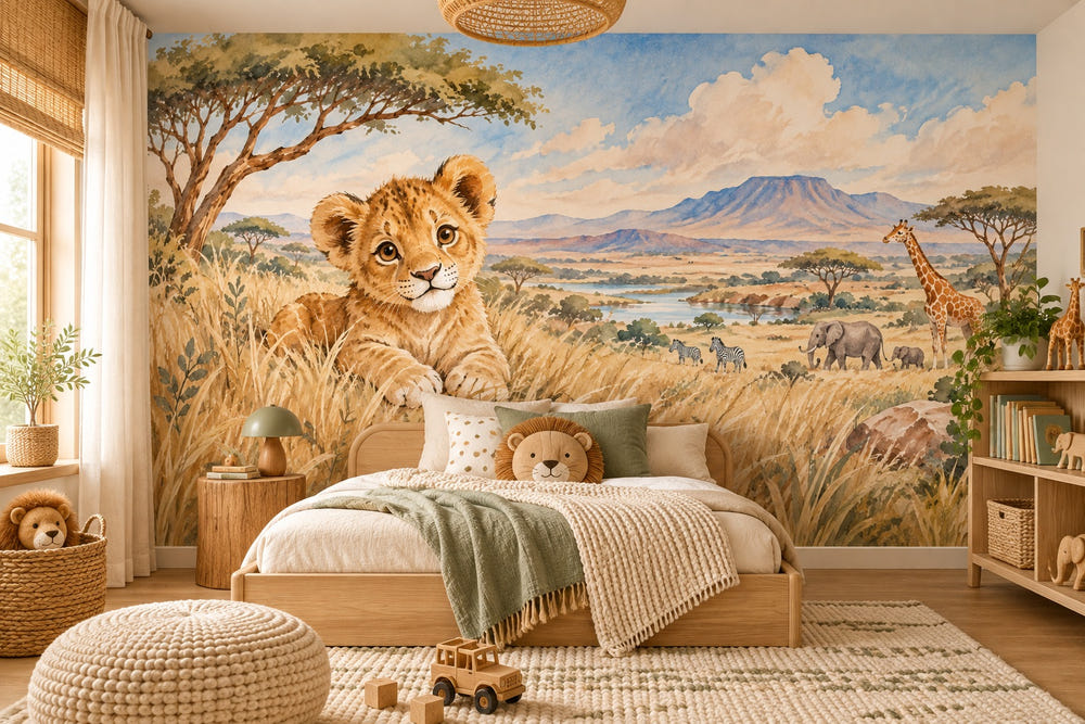 Watercolor Lion Cub Safari Wall Mural, image 1