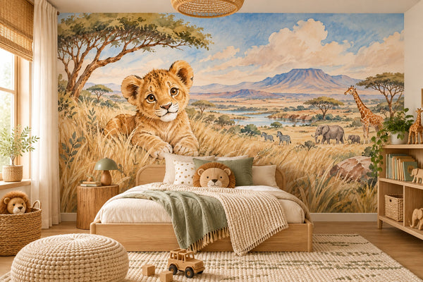Watercolor Lion Cub Safari Wall Mural, image 2