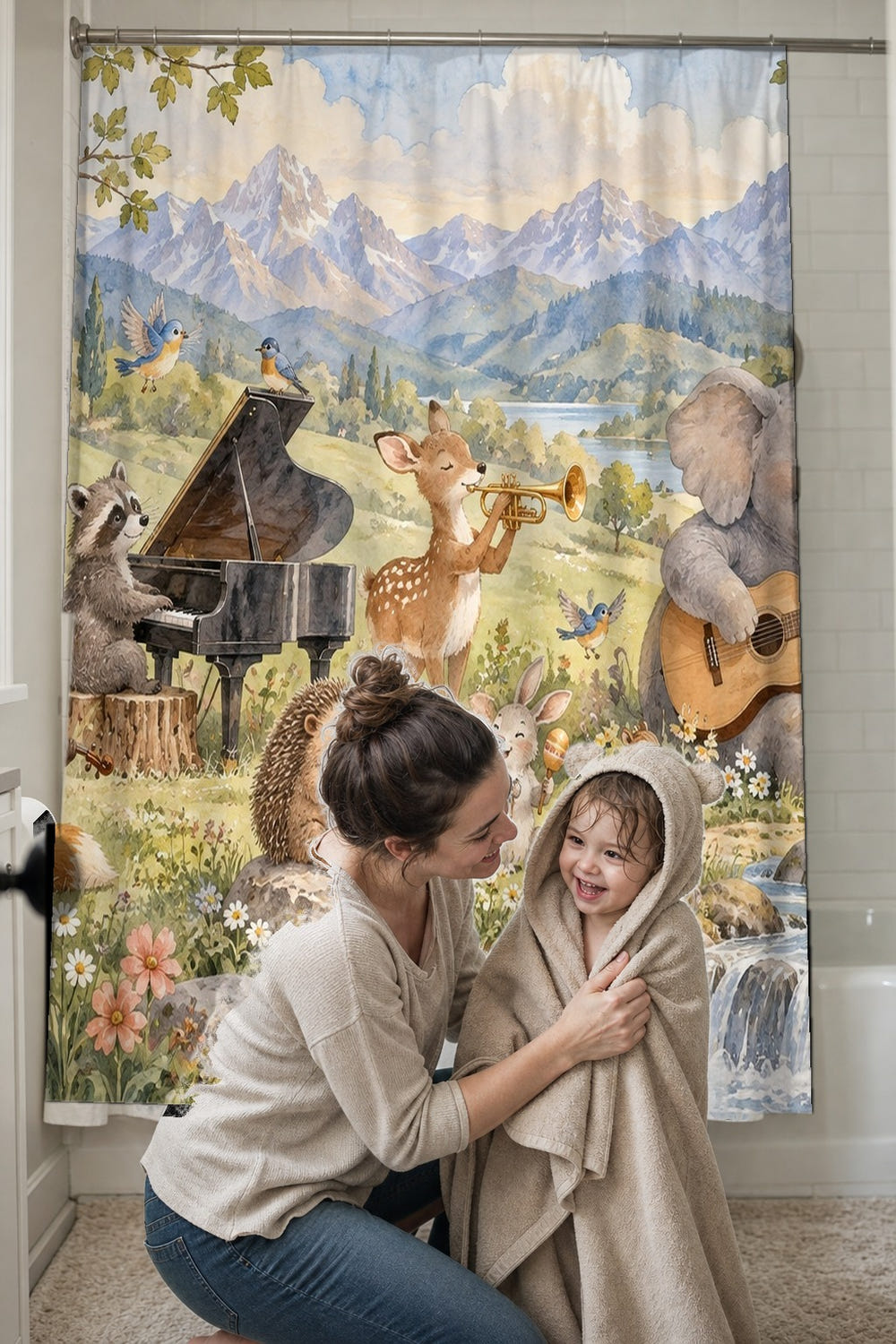 Animal Music Festival shower curtain, full front view of the 71 x 74 in fabric curtain