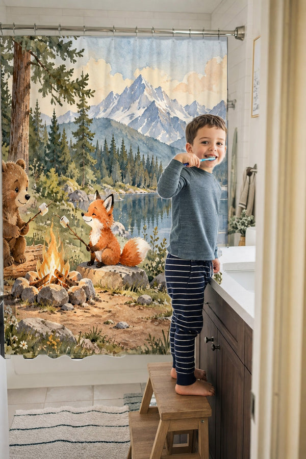 Child brushing teeth in a family bathroom with the Bear and Fox Campfire Camping shower curtain