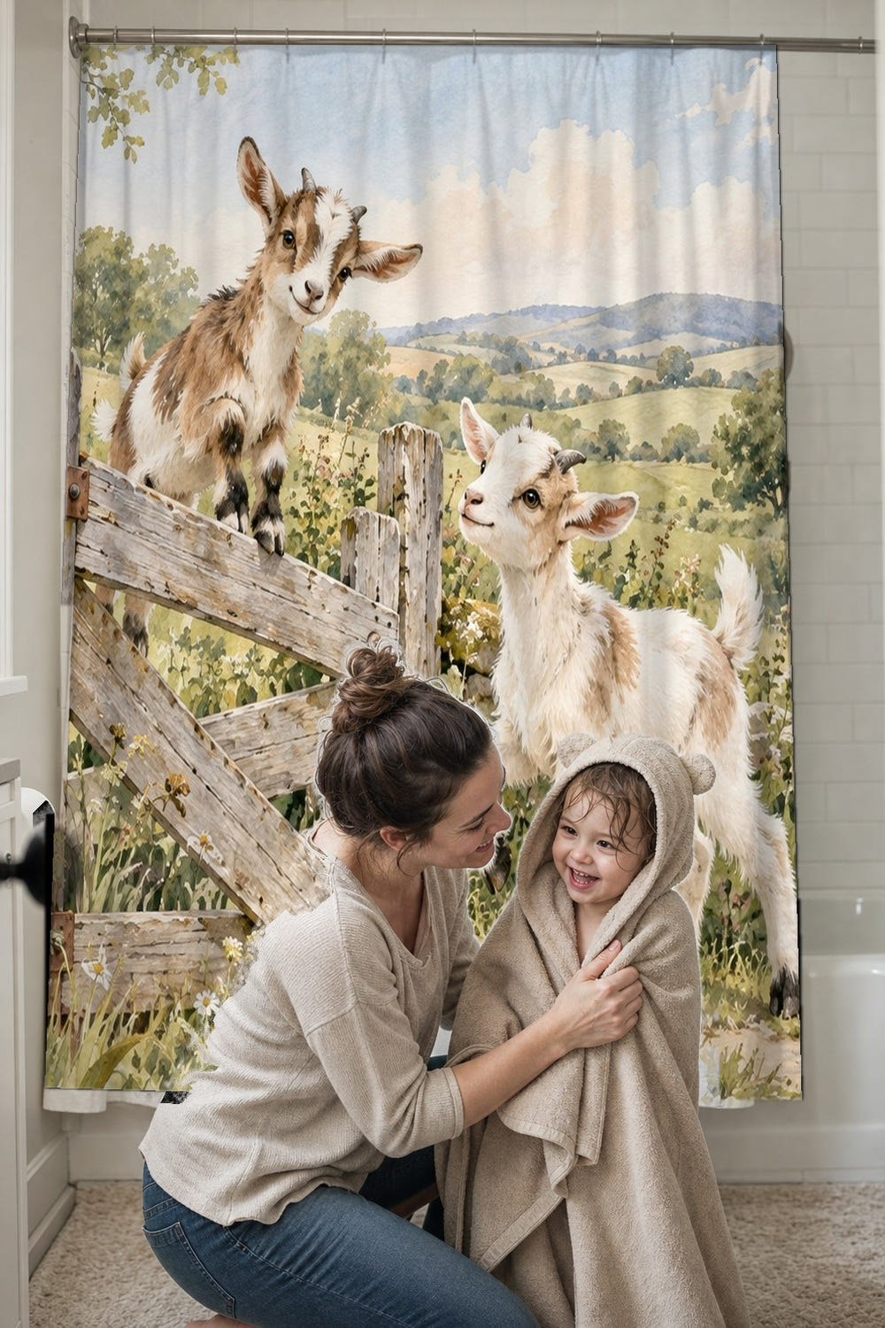Baby Goats Farm shower curtain, full front view of the 71 x 74 in fabric curtain