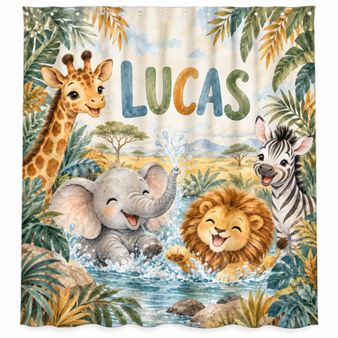 Personalized safari animals kids shower curtain with the name Lucas