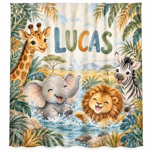 Personalized safari animals kids shower curtain with the name Lucas