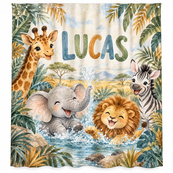 Personalized safari animals kids shower curtain with the name Lucas