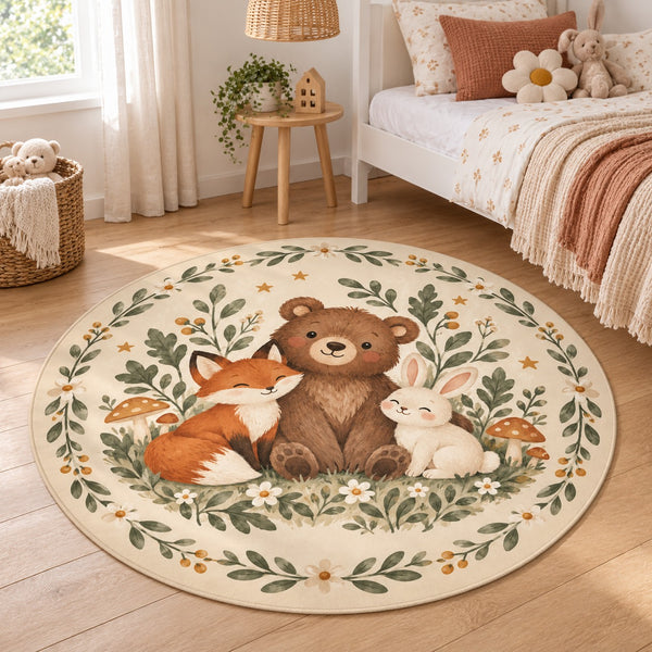 Cream woodland rug in an airy children's bedroom