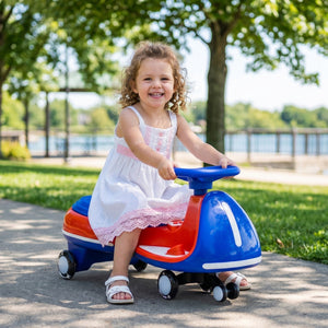 12V Electric Wiggle Ride On Car with dual motors and LED lights, angled view showcasing its vibrant design and features.