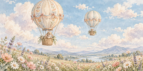 Watercolor Meadow Hot Air Balloons Wall Mural, image 3