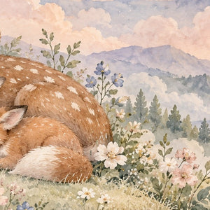 Dreamland Friends shower curtain, close up of the watercolor artwork