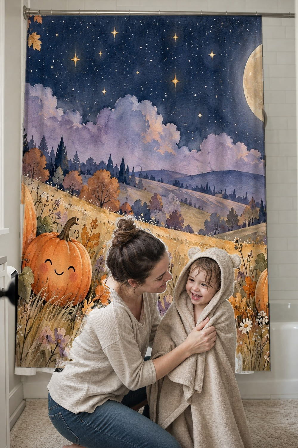 Pumpkin Moon Halloween shower curtain, full front view of the 71 x 74 in fabric curtain
