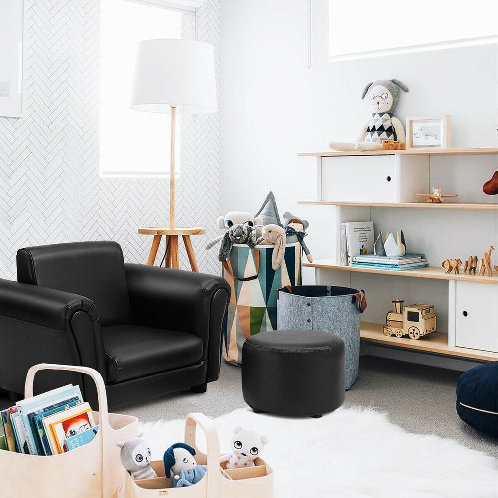 Black kids single armrest couch sofa with ottoman, perfect for playrooms and cozy spaces.