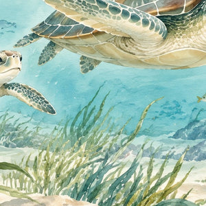 Sea Turtles Ocean shower curtain, close up of the watercolor artwork