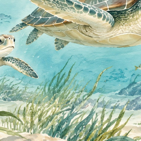 Sea Turtles Ocean shower curtain, close up of the watercolor artwork