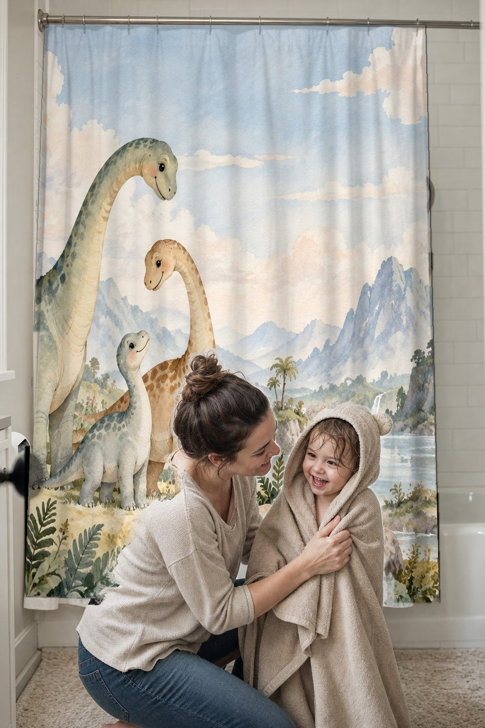 Long Neck Family Dinosaur shower curtain, full front view of the 71 x 74 in fabric curtain