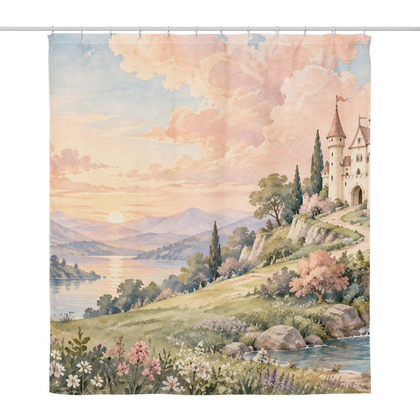 Hilltop Castle Fairy Tale shower curtain, full front view of the 71 x 74 in fabric curtain