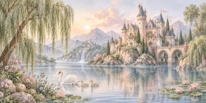 Watercolor Lakeside Castle Fairy Tale Wall Mural, image 3